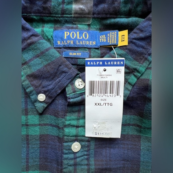 Polo Ralph Lauren Plaid Flannel Button Shirt Mens Slim Fit Navy Green Size XXL - Picture 11 of 11